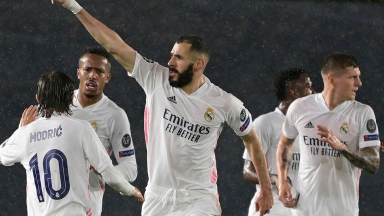 Karim Benzema celebrates his equaliser against Chelsea in the Champions League