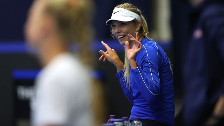 Katie Boulter of Great Britain looks on during a preview day of the Billie Jean King Cup Play-Offs between Great Britain and Mexico at National Tennis Centre on April 13, 2021 in London, England. (Photo by Julian Finney/Getty Images for LTA)