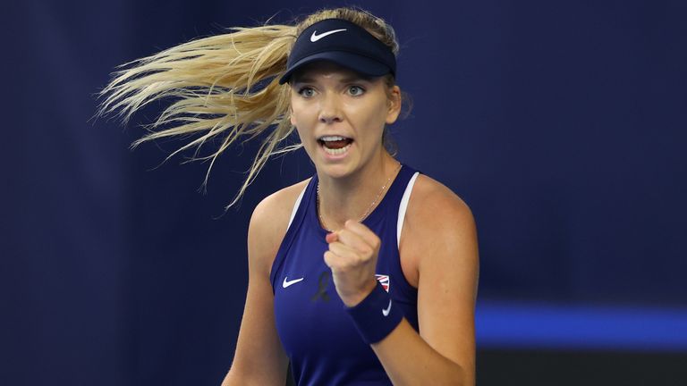 Katie Boulter of Great Britain reacts to winning a point during match one between Katie Boulter of Great Britain and Marcela Zacarías of Mexico during day 1 of the Billie Jean King Cup Play-Offs between Great Britain and Mexico at National Tennis Centre on April 16, 2021 in London, England. (Photo by Naomi Baker/Getty Images for LTA)