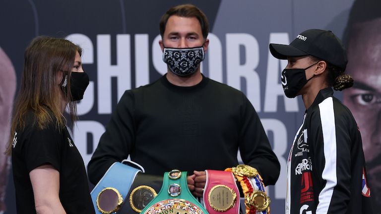 *** FREE FOR EDITORIAL USE ***.Katie Taylor and Natasha Jonas during their Weigh In ahead of their WBC, WBA, IBF and WBO Female Lightweight Title fight tomorrow night..30 April 2021.Picture By Mark Robinson Matchroom Boxing