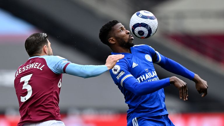 Kelechi Iheanacho and Aaron Cresswell in Premier League action at the London Stadium (AP)