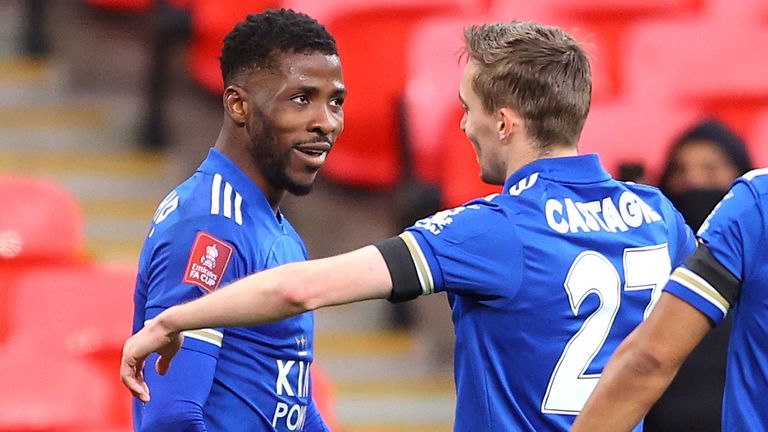 Kelechi Iheanacho celebrates breaking the deadlock for Leicester