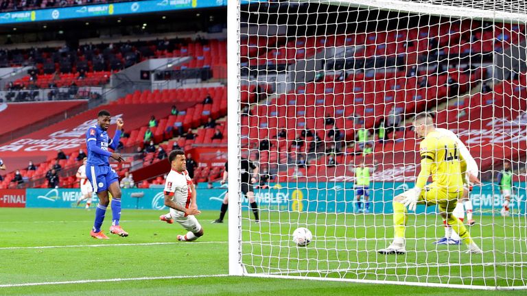 Kelechi Iheanacho guides his low shot into the bottom corner