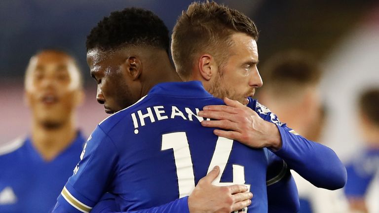 Kelechi Iheanacho celebrates his winning goal with Jamie Vardy