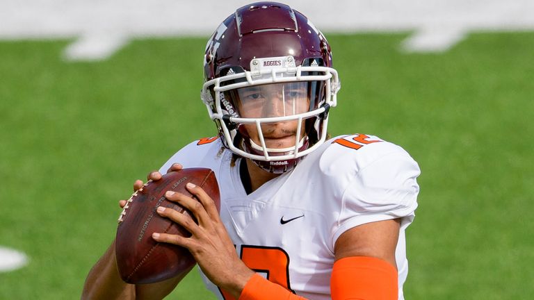 Kellen Mond of Texas A&M throws during the Senior Bowl in January. (AP Photo/Matthew Hinton)
