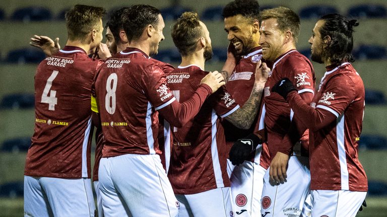 KIRCALDY, SCOTLAND - JANUARY 09: Nathan Austin celebrates after scoring to make it 1-0 Kelty Hearts during a Scottish Cup match between Kelty Hearts and Stranraer at Starks Park on January 09, 2021, in Kircaldy, Scotland. (Photo by Ross Parker / SNS Group)