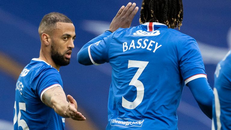 Kemar Roofe celebrates with Calvin Bassey after scoring for Rangers against Cove in the Scottish Cup