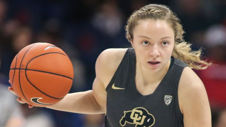 Colorado Buffaloes guard Kennedy Leonard (14) dribbles the ball during a college women's basketball game between the Colorado Buffaloes and the Arizona Wildcats on February 17, 2019, at McKale Center in Tucson, AZ. (Icon Sportswire via AP Images)
