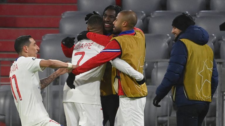 Kylian Mbappe celebrates with PSG team-mates after scoring the winner vs Bayern Munich