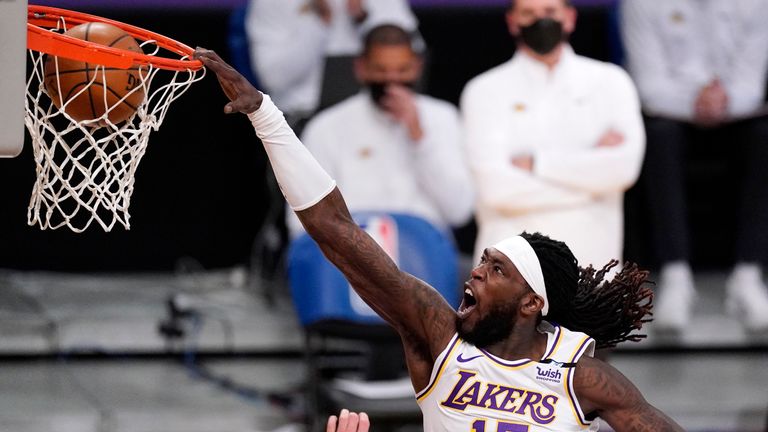 Los Angeles Lakers center Montrezl Harrell dunks during the second half of an NBA basketball game against the Utah Jazz Saturday, April 17, 2021, in Los Angeles. (AP Photo/Mark J. Terrill)



