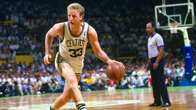 Larry Bird No. 33 of the Boston Celtics dribbled the ball against the Los Angeles Lakers during the NBA Finals, June 1987 at Boston Garden in Boston, Massachusetts.  The Lakers won 4 games in the final by 2 (Photo Focus on Sport / Getty Images)
