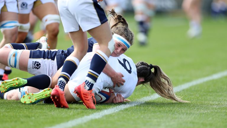 England's Leanne Riley scores the second try during the Women's Guinness Six Nations match at Castle Park, Doncaster. Picture date: Saturday April 3, 2021.