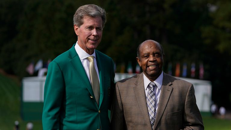 Lee Elder, right, and Fred Ridley, Chairman of Augusta National Golf Club posed for a picture on the first tee at the Masters golf tournament Monday, Nov. 9, 2020, in Augusta