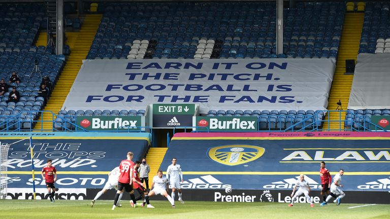 A banner referring the aborted European Super League is displayed in the stands