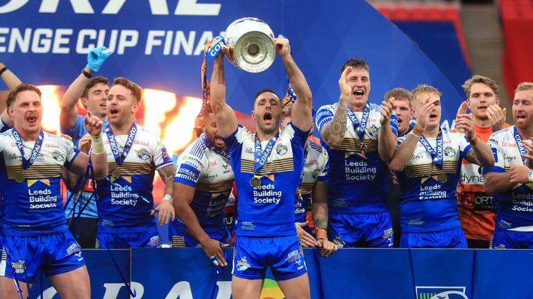File photo dated 17-10-2020 of Leeds Rhinos' Luke Gale lifts the trophy after the Coral Challenge Cup Final at Wembley Stadium, London.