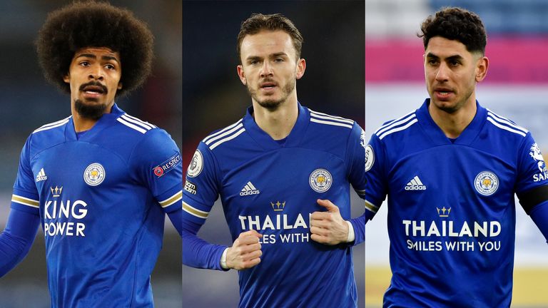 Leicester City's Hamza Choudhury, James Maddison and Ayoze Perez