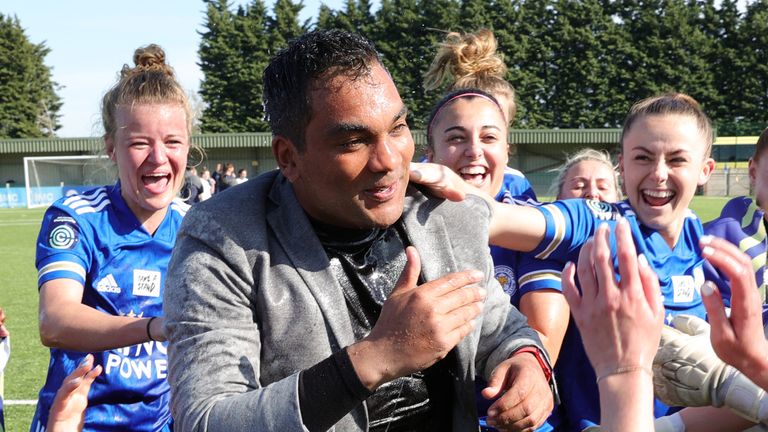 Leicester City Women manager Jonathan Morgan celebrates promotion to the WSL with his players