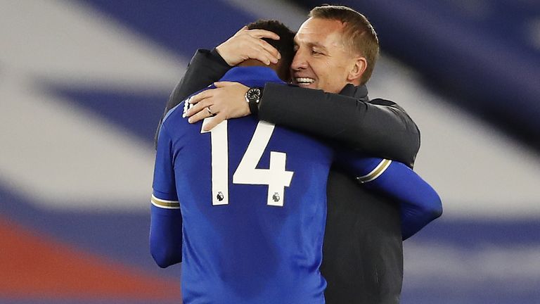 Leicester City manager Brendan Rodgers and Kelechi Iheanacho after the win over Crystal Palace