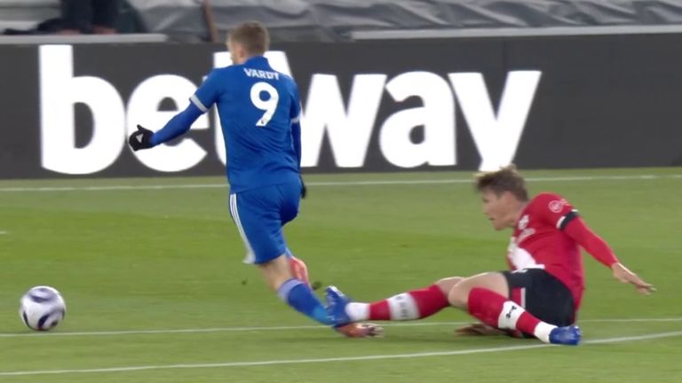 Vestergaard sees red for a last ditch challenge on Vardy