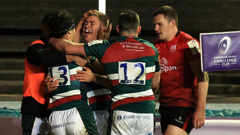 Leicester celebrate Guy Porter's late match-clinching try after the Tigers pulled off a second-half turnaround from 11 points behind
