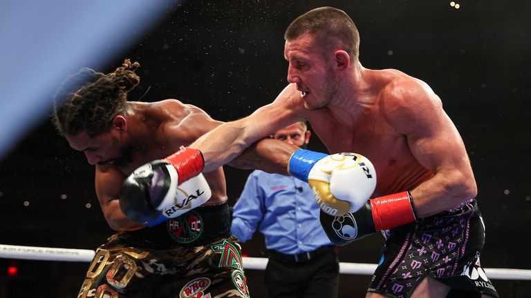 April 17, 2021; Miami, FL; Demetrius Andrade and Liam Williams during their bout on the April 17, 2021 Matchroom boxing fight card at the Hard Rock Seminole Casino in Hollywood, FL. Mandatory Credit: Ed Mulholland/Matchroom.