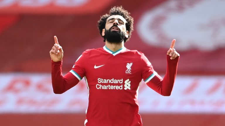 Liverpool's Mohamed Salah celebrates after equalising against Aston Villa