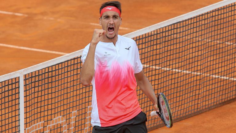 Lorenzo Sonego of Italy reacts after winning the second set in his final match against Laslo Djere of Serbia at the Sardegna Open on April 11, 2021 in Cagliari, Italy. (Photo by Giampiero Sposito/Getty Images)