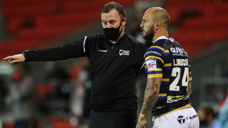 Picture by Paul Currie/SWpix.com - 18/09/2020 - Rugby League - Coral Challenge Cup Quarter Final - Leeds Rhinos v Hull KR - Emerald Totally Wicked Stadium, Langtree Park, St Helens, England - A medic talks to Leeds Rhinos' Luke Briscoe