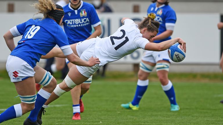 PARMA, ITALY - APRIL 10: Claudia MacDonald of England scores a try during the Women's Six Nations match between Italy and England at Stadio Sergio Lanfranchi on April 10, 2021 in Parma, Italy. (Photo by Chris Ricco - RFU/The RFU Collection via Getty Images)