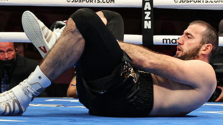 April 17, 2021; Miami, FL; Mahammadrasul Majidov and Andrey Fedosov during their bout on the April 17, 2021 Matchroom boxing fight card at the Hard Rock Seminole Casino in Hollywood, FL. Mandatory Credit: Ed Mulholland/Matchroom.