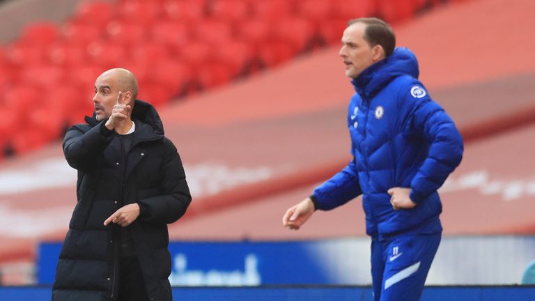 Pep Guardiola issues instructions from the touchline at Wembley