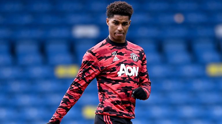 Marcus Rashford warms up ahead of the PL match against Leeds