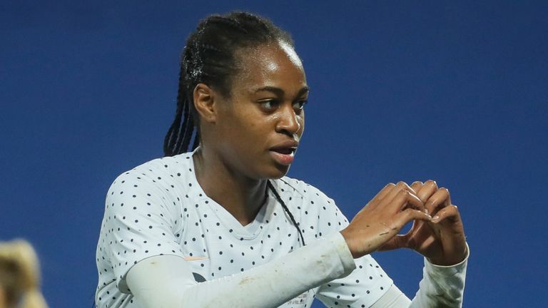 Marie-Antoinette Katoto celebrates after scoring France's third goal