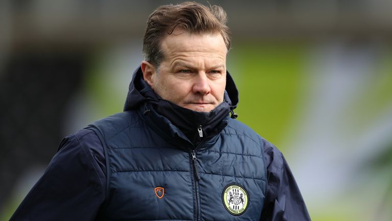 Forest Green Rovers manager Mark Cooper during the Sky Bet League Two match at The New Lawn, Nailsworth. Picture date: Saturday March 27, 2021 (PA)