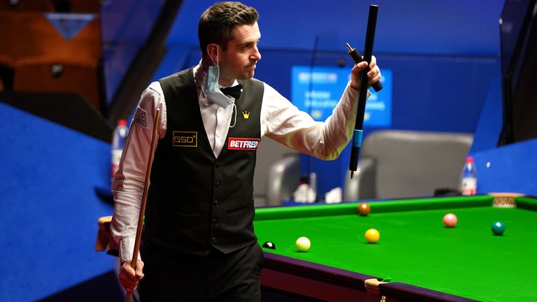 Mark Selby gestures after winning his match against England's Mark Williams during day 12 of the Betfred World Snooker Championships 2021 at Crucible Theatre on April 28, 2021 in Sheffield, England. (Photo by Zac Goodwin - Pool/Getty Images)
