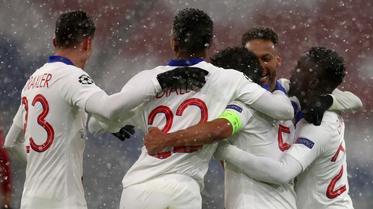 Marquinhos celebrates with PSG team-mates after scoring against Bayern Munich