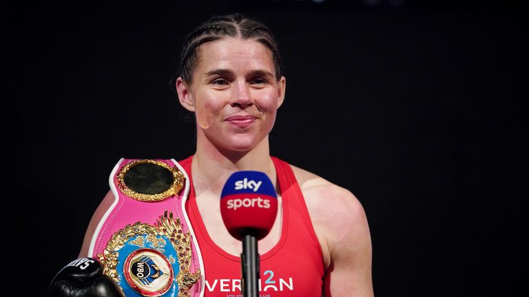 Savannah Marshall vs Maria Lindberg, WBO World Female Middleweight title Fight.
10 April 2021
Picture By Dave Thompson Matchroom Boxing
Savannah Marshall celebrates her win.
