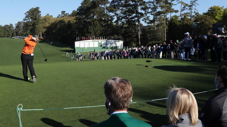 A limited number of fans return lining the first fairway at Augusta National Golf Club to watch Maja Stark tee off on the first hole during the Augusta National Women's Amateur final round