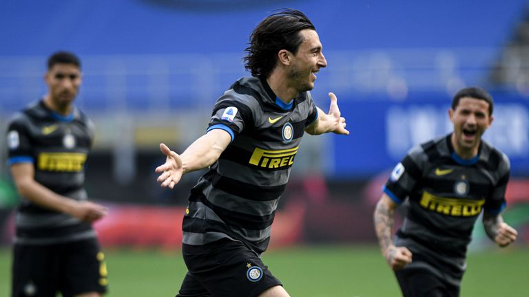 Matteo Darmian celebrates his winning goal as Inter Milan took a big step