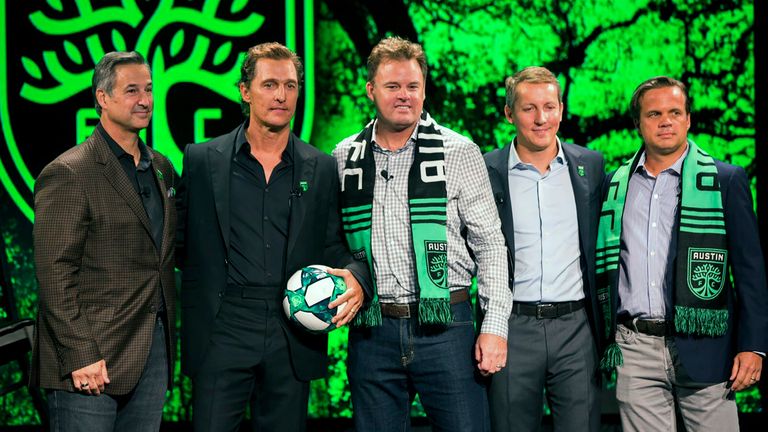 From left to right, Austin FC investors Marius Haas, Matthew McConaughey, Austin FC CEO Anthony Precourt, Eduardo Margain, and Bryan Sheffield stand for a picture on Aug. 23, 2019. [ELI IMADALI/AMERICAN-STATESMAN]