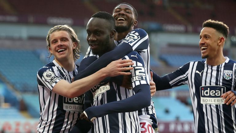 Mbaye Diagne celebrates after putting West Brom 2-1 up against Aston Villa