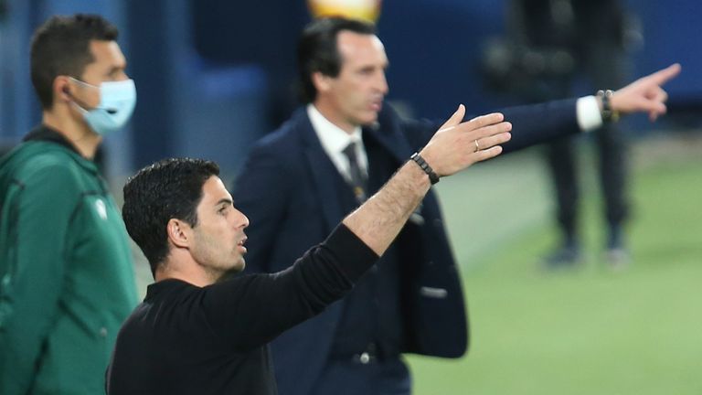 Mikel Arteta and Arsenal predecessor Unai Emery during the Europa League semi-final first leg