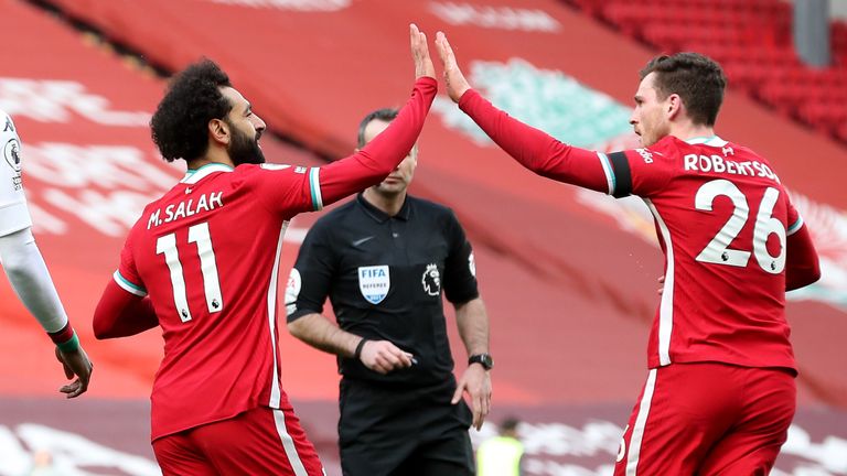 Mo Salah celebrates with Andrew Robertson