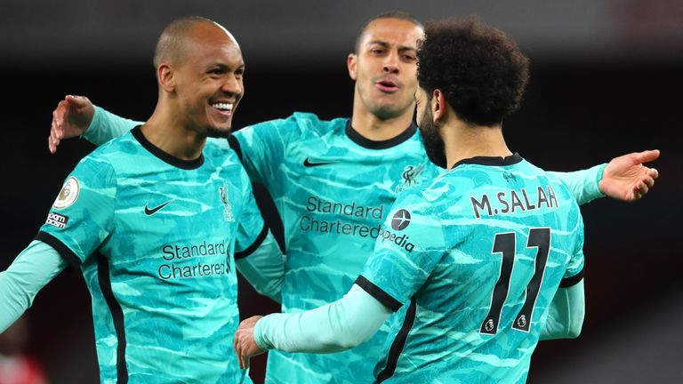 Mohamed Salah celebrates his goal with Fabinho and Thiago