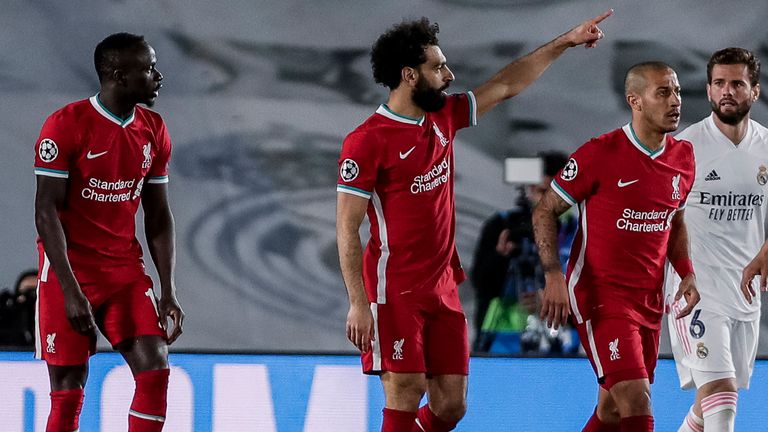Mohamed Salah celebrates scoring for Liverpool against Real Madrid