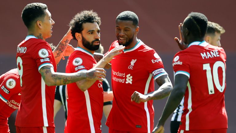 Mohamed Salah celebrates after scoring for Liverpool against Newcastle