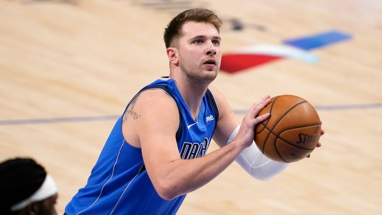 Dallas Mavericks&#39; Luka Doncic shoots free throws during an NBA basketball game against the Los Angeles Lakers in Dallas, Thursday, April 22, 2021.