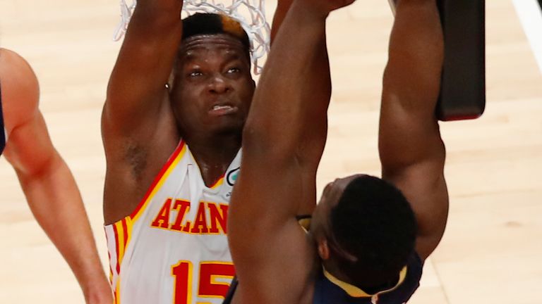 TLANTA, GA - APRIL 06: Zion Williamson #1 of the New Orleans Pelicans is blocked by Clint Capela #15 of the Atlanta Hawks during the first half at State Farm Arena on April 6, 2021 in Atlanta, Georgia. 