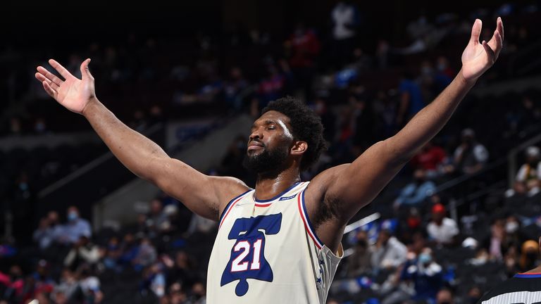 oel Embiid #21 of the Philadelphia 76ers reacts during a game against the Brooklyn Nets on April 14, 2021 at Wells Fargo Center in Philadelphia, Pennsylvania