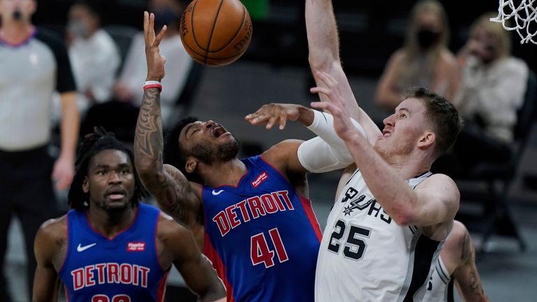 Detroit Pistons forward Saddiq Bey (41) is fouled by San Antonio Spurs center Jakob Poeltl (25) during the second half of an NBA basketball game in San Antonio, Thursday, April 22, 2021.